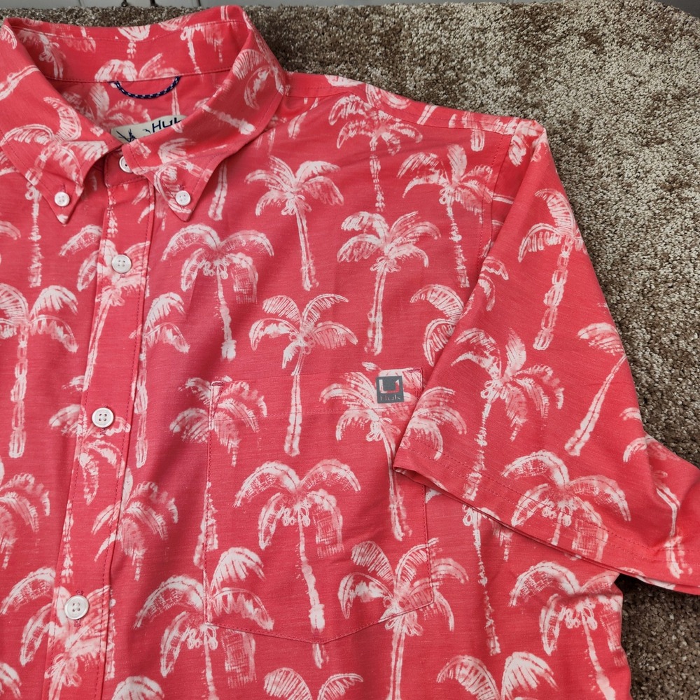 Huk Mens XL Short Sleeve Button Down Shirt Coral Pink Palm Tree Performance